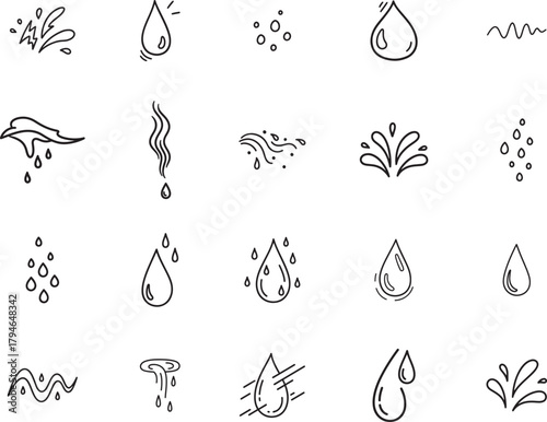Water Drops doodle line art collection. Includes line art symbols water, drop, tear, rain, liquid and more. Isolated doodles. Water drop doodle set. Minimalist doodles pack.