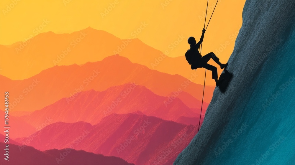 Fototapeta premium A daring adventurer scales a steep cliff, silhouetted against the breathtaking gradient of sunset colors. The majestic mountains create a dramatic backdrop for this thrilling outdoor activity