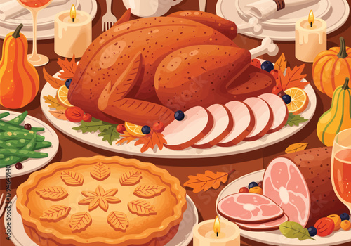 A detailed visual representation of a classic holiday meal, including the main roast turkey, glazed ham slices, a bowl of green beans, and stuffing