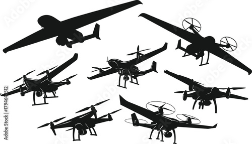 Drone silhouettes, unmanned aerial vehicles, fixed-wing and quadcopter designs, UAV technology, surveillance, robotics, remote sensing, aviation, military, commercial