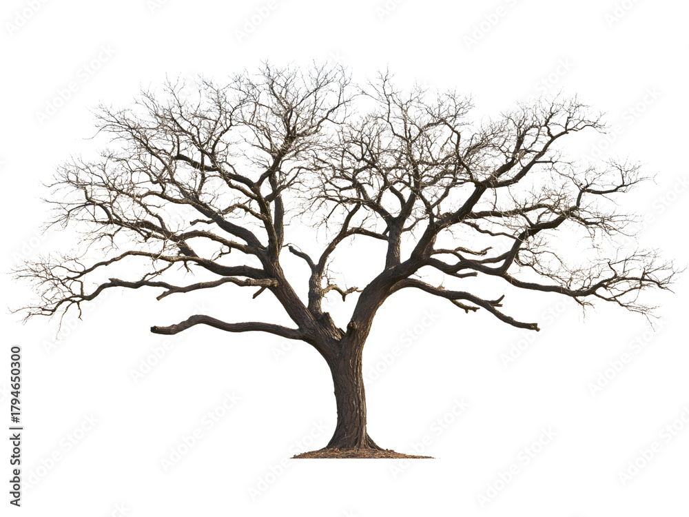 Fototapeta premium Large dead tree with wide branches isolated on transparent background, ideal for environmental or fantasy projects.