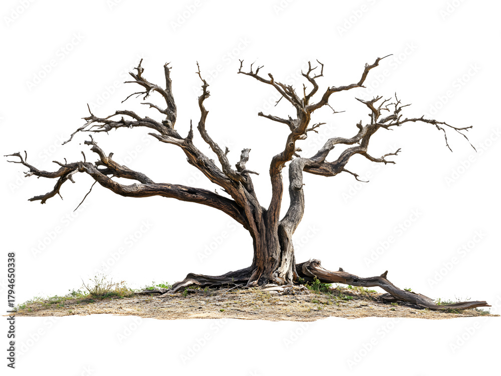 Fototapeta premium Large dead tree with wide branches isolated on transparent background, ideal for environmental or fantasy projects.