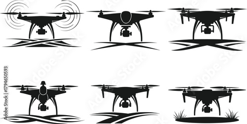 Stylized drone silhouette set, black vector illustrations, quadcopters with cameras, terrain hover scenes, aerial technology, graphic UAV concept