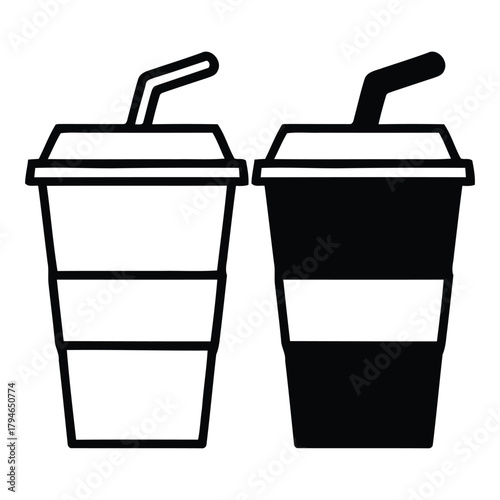 Bold graphic of two disposable cups with straws, one outlined, one solid black, representing choice or contrast in beverages