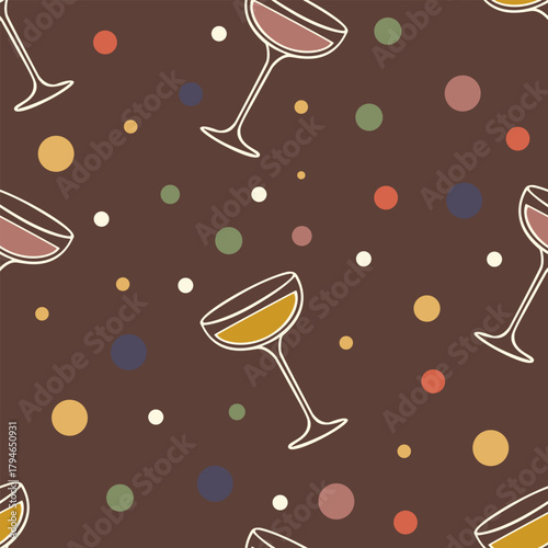 70s champagne glass seamless pattern. Elegant flat design vector with coupe and bubbles. Retro New Year's Eve party background for event invites or menus.