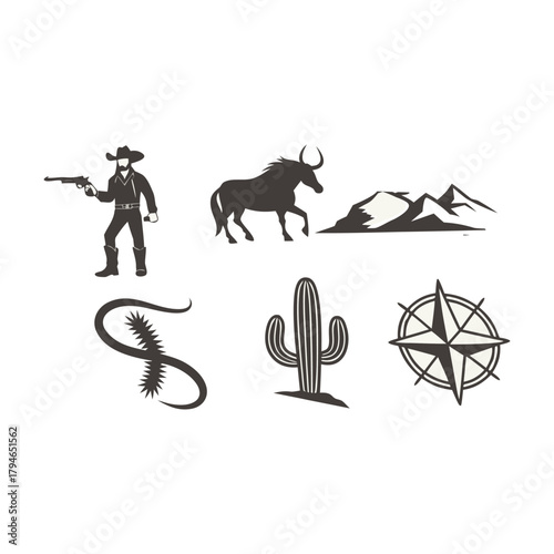Cowboy, horse, cactus and compass icons in silhouette
