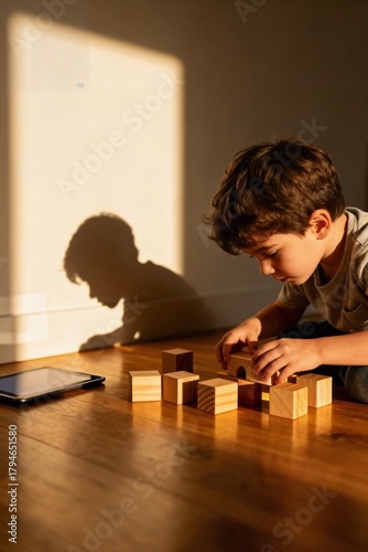 Wallpaper Mural Conceptual Photo of Child Playing with Wooden Blocks Casting Shadow Shaped Like a Tablet Torontodigital.ca