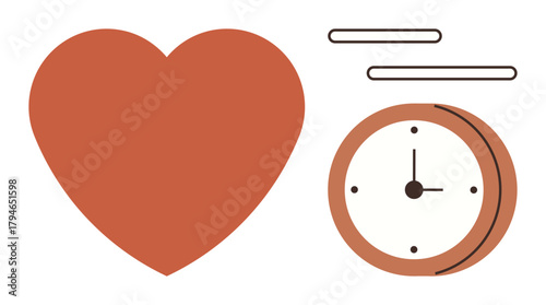 Large red heart next to a clock with moving lines symbolizing time. Ideal for wellness, love, time management, balance, productivity, lifestyle, healthcare. A simple flat metaphor