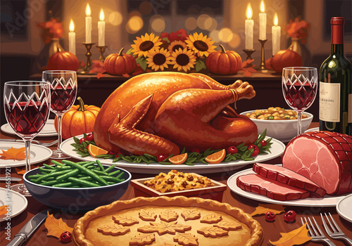 A sumptuous, detailed illustration of a traditional Thanksgiving dinner table overflowing with food