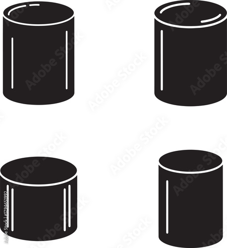 Four black cylindrical objects in a grid on a white background