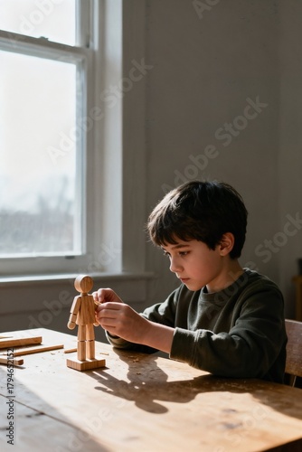 Wallpaper Mural Child Focused on Crafting Small Wooden Figure at Table in Natural Window Light Torontodigital.ca