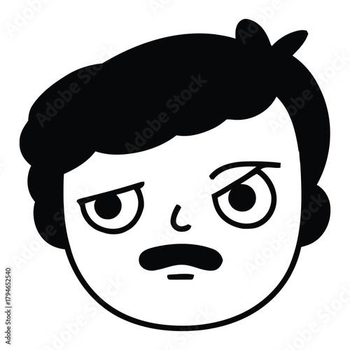 Man with skeptical expression and mustache, simple stylized face conveying doubt or disapproval in a modern graphic style