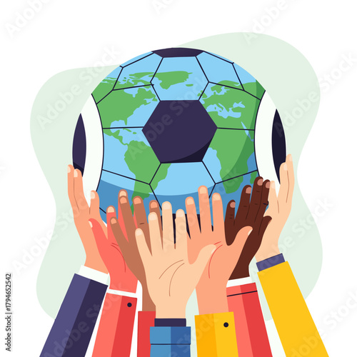 Diverse hands unite to embrace a world soccer ball, symbolizing global unity and sport.