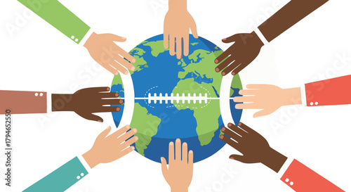 Diverse hands unite around the globe, symbolizing global cooperation and unity