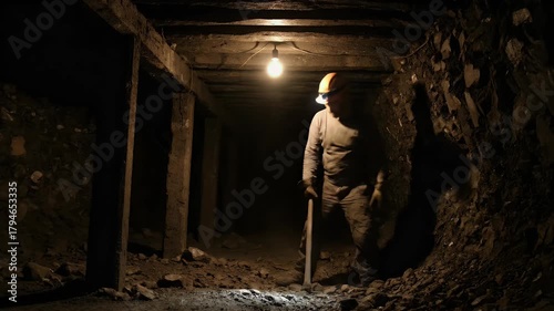 Coal Miner in Underground Mine Shaft with Support Beams and Light