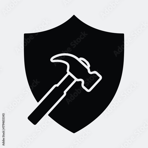 Silhouette shield and hammer symbol protection tools vector illustration