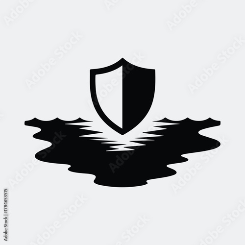 Silhouette shield over oil spill protection concept vector illustration