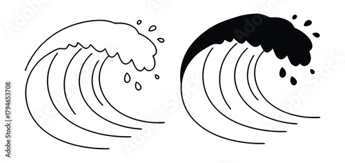 Dynamic ocean wave crashing powerfully with spray and motion, depicted in bold graphic styles for impactful design.