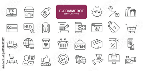 Set of line icons related to user e-commerce, online shop, market, store. Outline icons collection