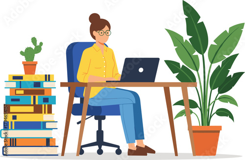 Woman Working on Laptop at Desk