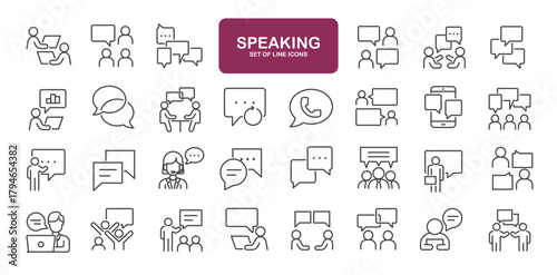 Set of line icons related to communication, speak, speech, talk. Outline icons collection