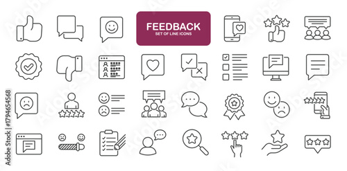 Set of line icons related to feedback, testimonial, review, rating, survey. Outline icons collection