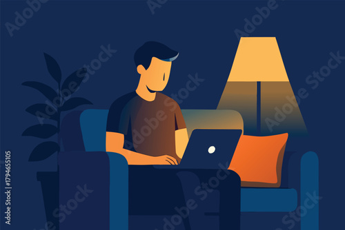 A person sits on a blue sofa at night, typing on a laptop with warm lamp light. The cozy living room scene conveys focus, relaxation, and late-night productivity.