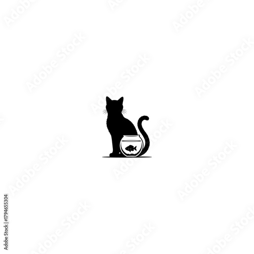 Silhouette of a cat with a fishbowl minimalist black and white vector