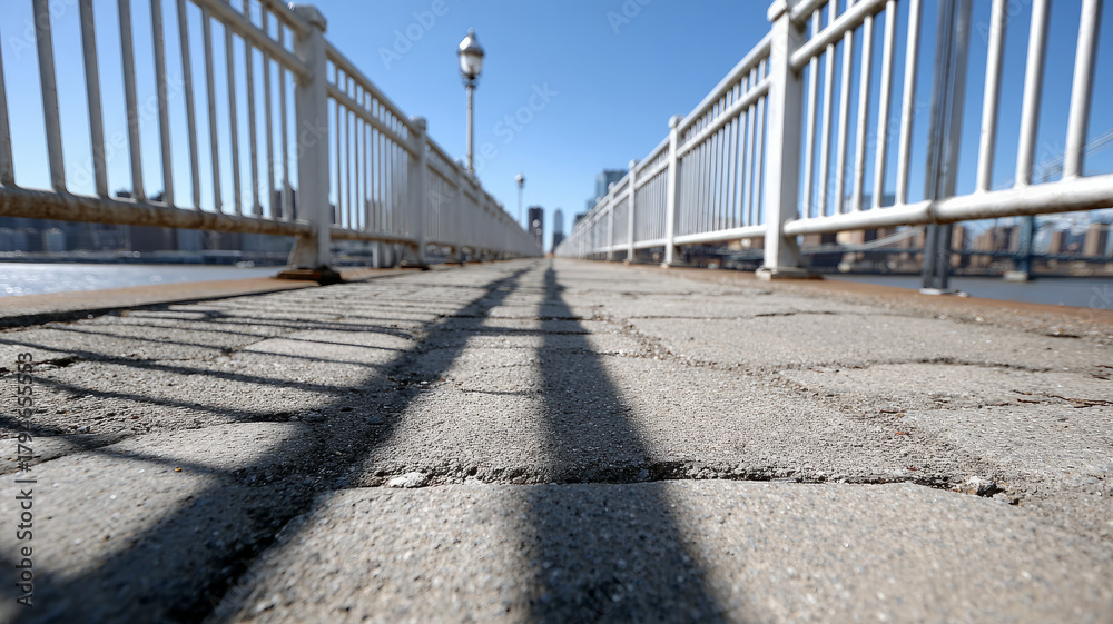 Obraz premium Low angle view of a bridge walkway with city in the background.