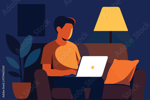 A warm, illustrated scene of a person relaxing on a sofa while working on a laptop. Soft lighting from a floor lamp creates a calm, modern home office ambiance.