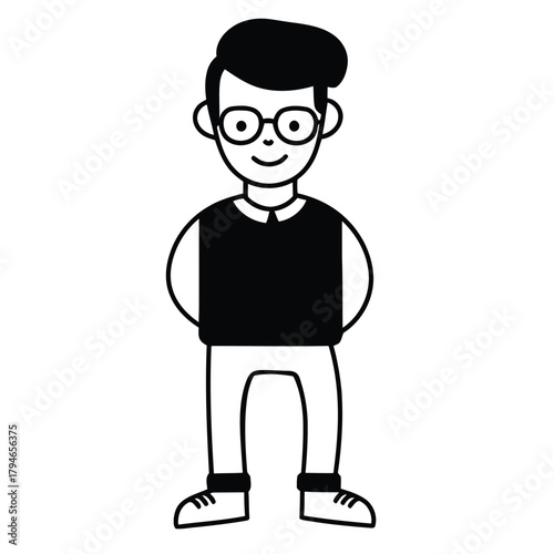 Cheerful young man with glasses and a vest stands confidently, embodying modern casual style and approachable professionalism for diverse business and lifestyle projects.