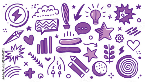 A collection of purple paint brushes alongside various art supplies on a white background..eps