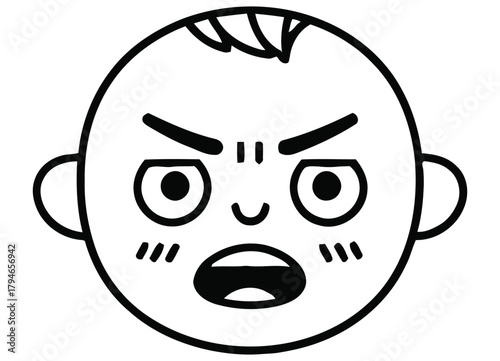 Furious baby face with furrowed brows and open mouth, conveying intense anger or frustration in a bold graphic style