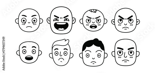 Expressive cartoon faces capture a range of emotions from anger to surprise and confusion, perfect for illustrating feelings and reactions in dynamic designs