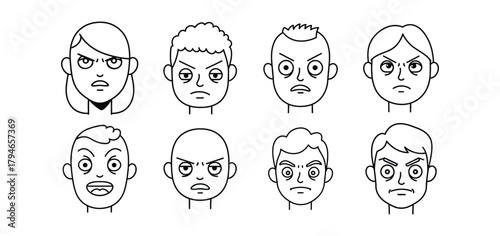 Diverse collection of expressive cartoon faces showing various emotions like anger, frustration, and surprise, perfect for communication and design projects.