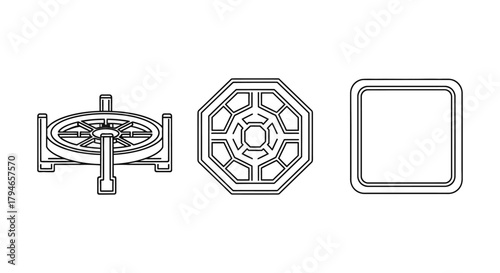 A versatile set of monochrome line art icons showing various mechanical and geometric components for engineering and technical design