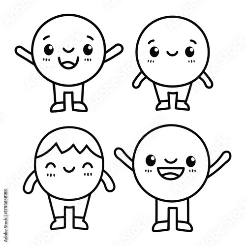 Four adorable cartoon circle characters with arms and legs expressing joy and excitement for educational and playful content