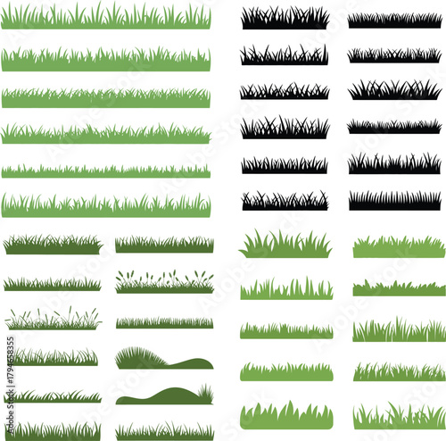 Various green grass borders collection. Natural plant decoration elements. Ground surface. Lawn herbs. Spring growth. Nature.