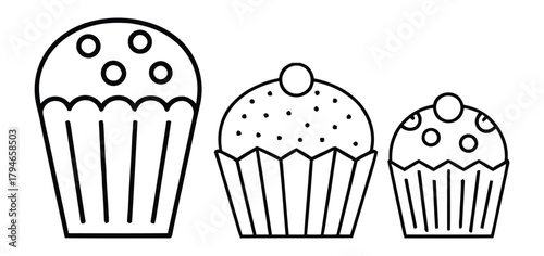 Three charming black and white cupcakes with simple frosting designs, perfect for baking themes and sweet treat illustrations