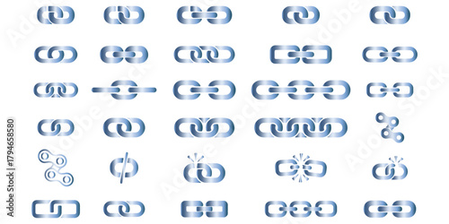 Chain Shape Silhouette Pattern. Chain link black silhouette vector illustration. Set of black isolated silhouette of chains on white seamless repeatable texture background. pattern