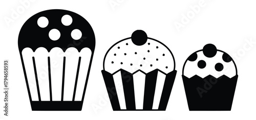 Three stylized black and white cupcakes with playful polka dots and cherry toppings, perfect for baking and dessert themes