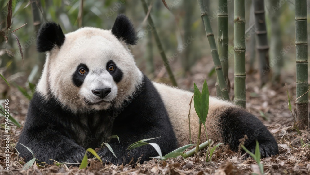 Naklejka premium Giant Panda Bear Resting on the Forest Floor in a Bamboo Grove.