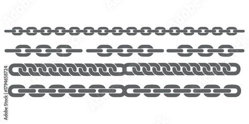 Monochrome set different type of metal chains in silhouette style. Seamless shape, for graphic design of logo, emblem, symbol, sign, badge, label, stamp, isolated on white background.