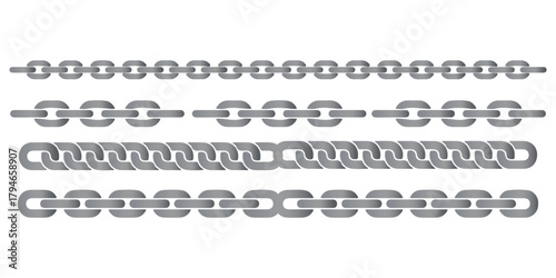 Chain Shape Silhouette Pattern. Chain link black silhouette vector illustration. Set of black isolated silhouette of chains on white seamless repeatable texture background. pattern