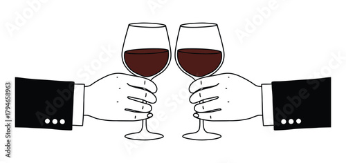 Two hands in suits clink glasses of red wine in a celebratory toast symbolizing success, achievement, and partnership