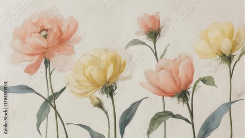 Elegant watercolor painting of soft pink and yellow flowers.