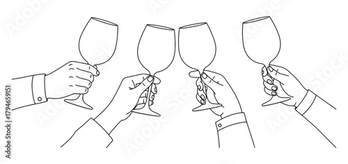 Cheers to success! Four hands in professional attire clink wine glasses in a celebratory toast, symbolizing achievement and shared victory.