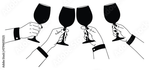 Celebratory hands raise wine glasses in a stylish toast, symbolizing success, joy, and shared moments of achievement and connection.
