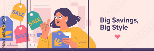 Woman happily shopping with colorful sale tags in store window - flat vector for marketing and promotions