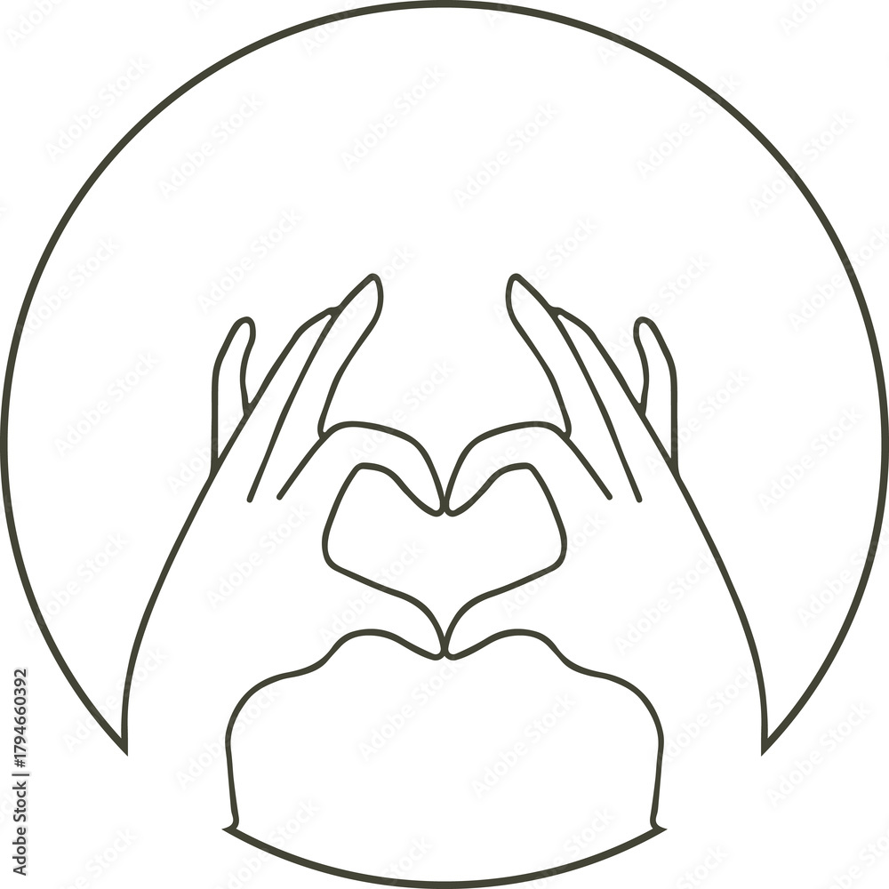 Obraz premium Hands forming heart shape within circular frame, minimalist line art illustration